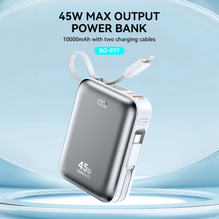 Power Bank P77 45W, 10000 mAh, BWOO with USB-C and Lightning cable, grey [1]