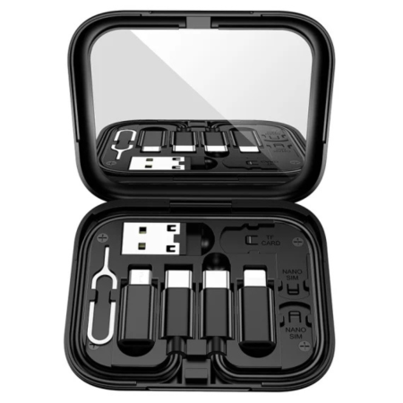 ACCESORII - Set Travel, Multi Cable, 3A, Type-C + adaptoare MicroUSB/Lightning/USB, cheita SIM, Treasure, Negru