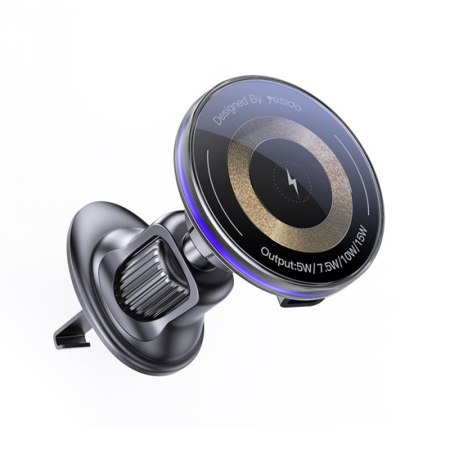 SUPORTI AUTO - Suport Auto cu Incarcare Wireless pentru Grila de Ventilatie, led Albastru, port Type-C, 15W - Black