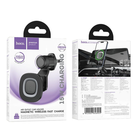 Suport telefon auto magnetic cu incarcare wireless Hoco 15W pentru bord HW30, negru [8]