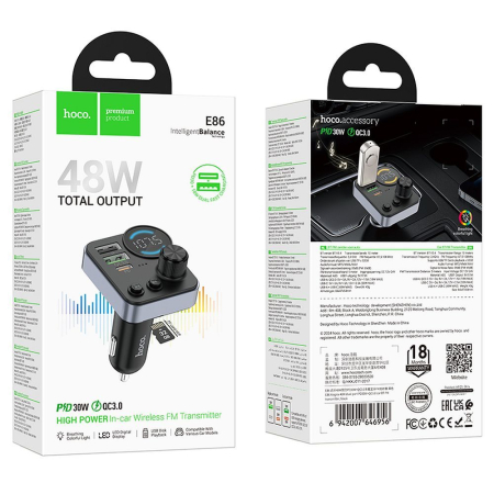 Transmițător auto Bluetooth Hoco 2 x USB A + USB C QC3.0 PD 48W E86 negru [8]