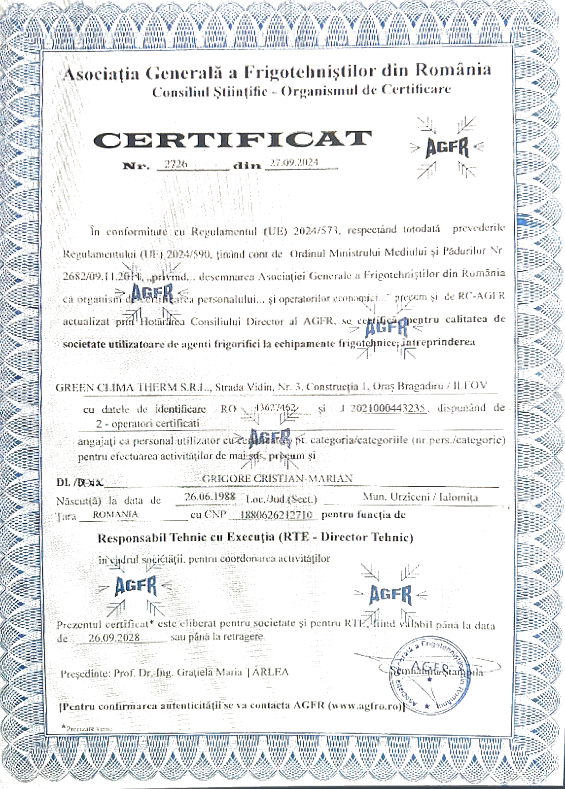 Certificat AGFR