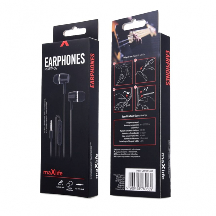 Căști audio cu fir și microfon, mufă jack 3,5mm - Maxlife MXEP-02 - Negru [3]