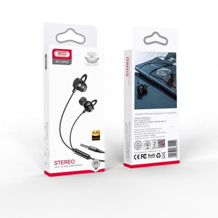 Căști audio cu fir și microfon, mufă jack 3,5mm - XO EP63 - Negru [3]