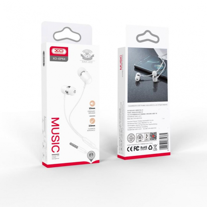 Căști audio cu fir și microfon, mufă jack 3,5mm - XO EP64 - Alb [2]