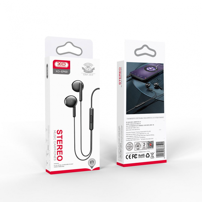 Căști audio cu fir și microfon, mufă jack 3,5mm - XO EP69 - Negru [4]