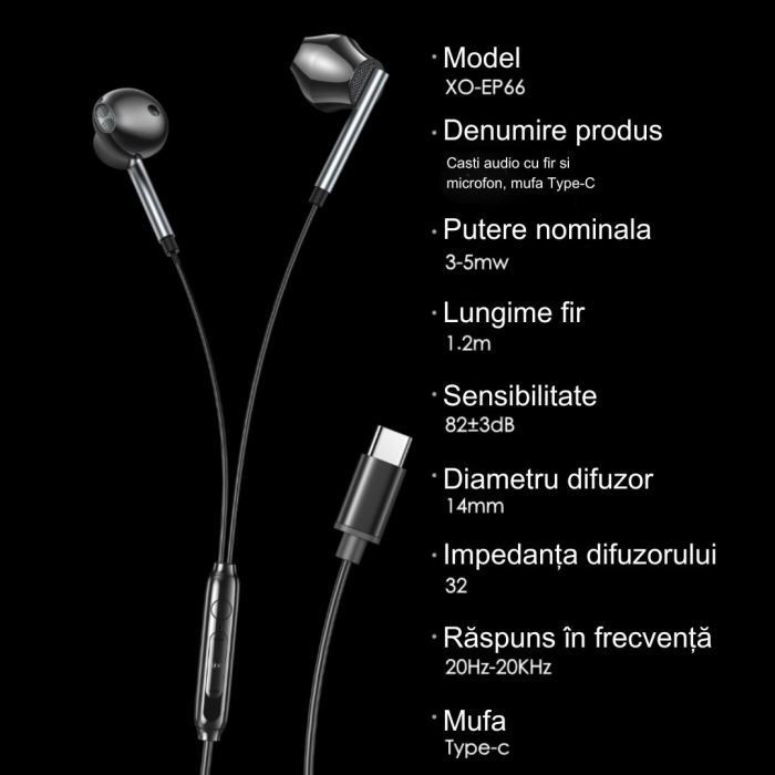Casti audio cu fir si microfon, mufa Type-C - XO EP66 - Negru [2]