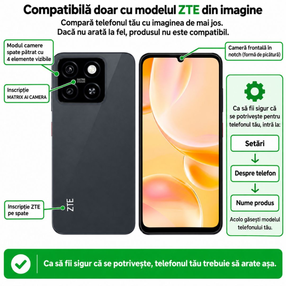 Folie Sticlă Privacy Securizată Compatibilă ZTE Blade A55 - Full Glue, Kit Montare Inclus [2]