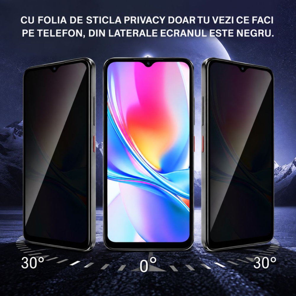Folie Sticlă Privacy Securizată pentru ZTE Blade A35e - Full Glue, Kit Montare Inclus [2]
