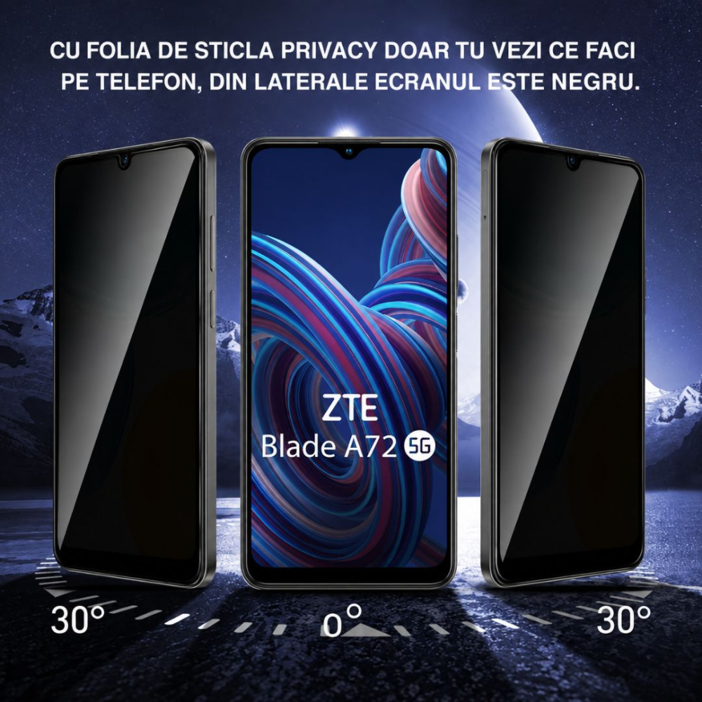Folie Sticlă Privacy Securizată pentru ZTE Blade A72 5G - Full Glue, Kit Montare Inclus [3]