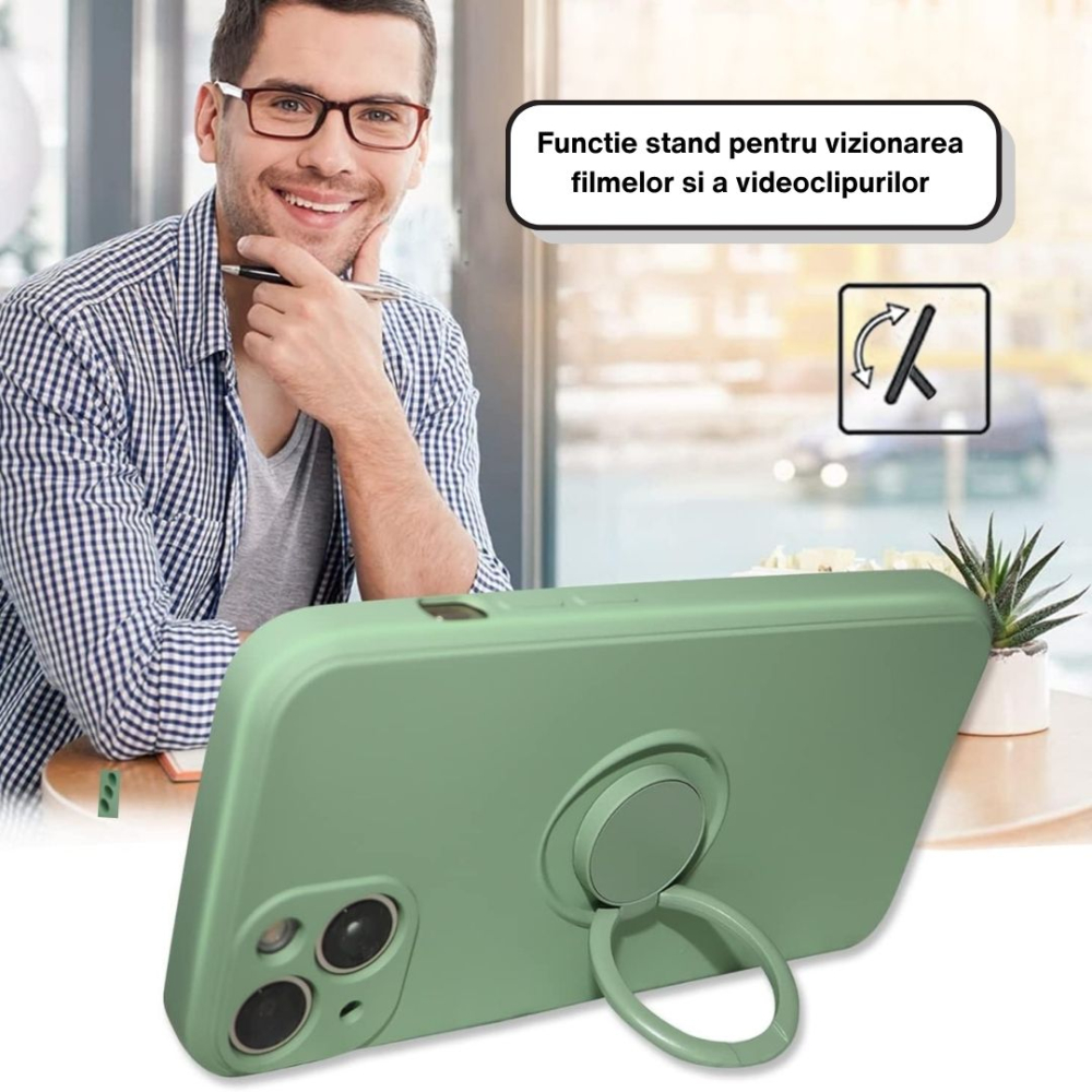 Husa pentru Iphone 13 din silicon, cu inel de prindere, protectie la camere si interior cu microfibra - Verde [4]