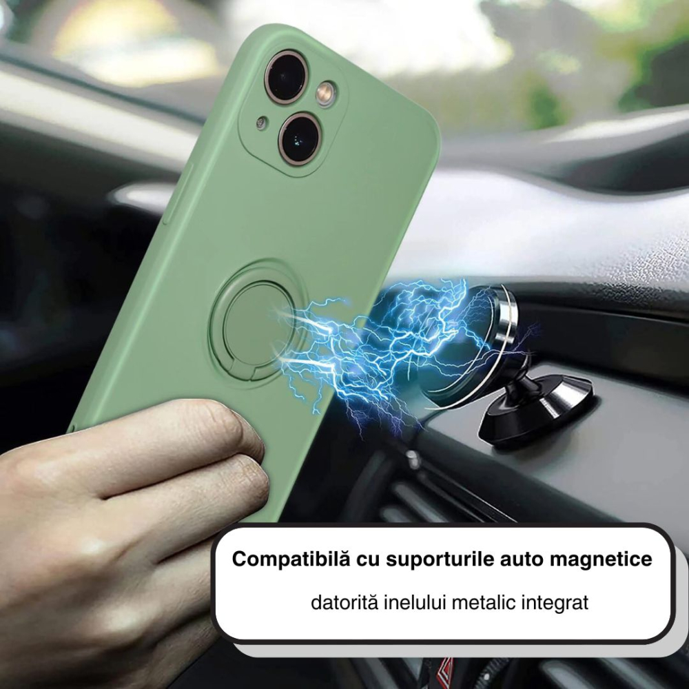 Husa pentru Iphone 13 din silicon, cu inel de prindere, protectie la camere si interior cu microfibra - Verde [6]