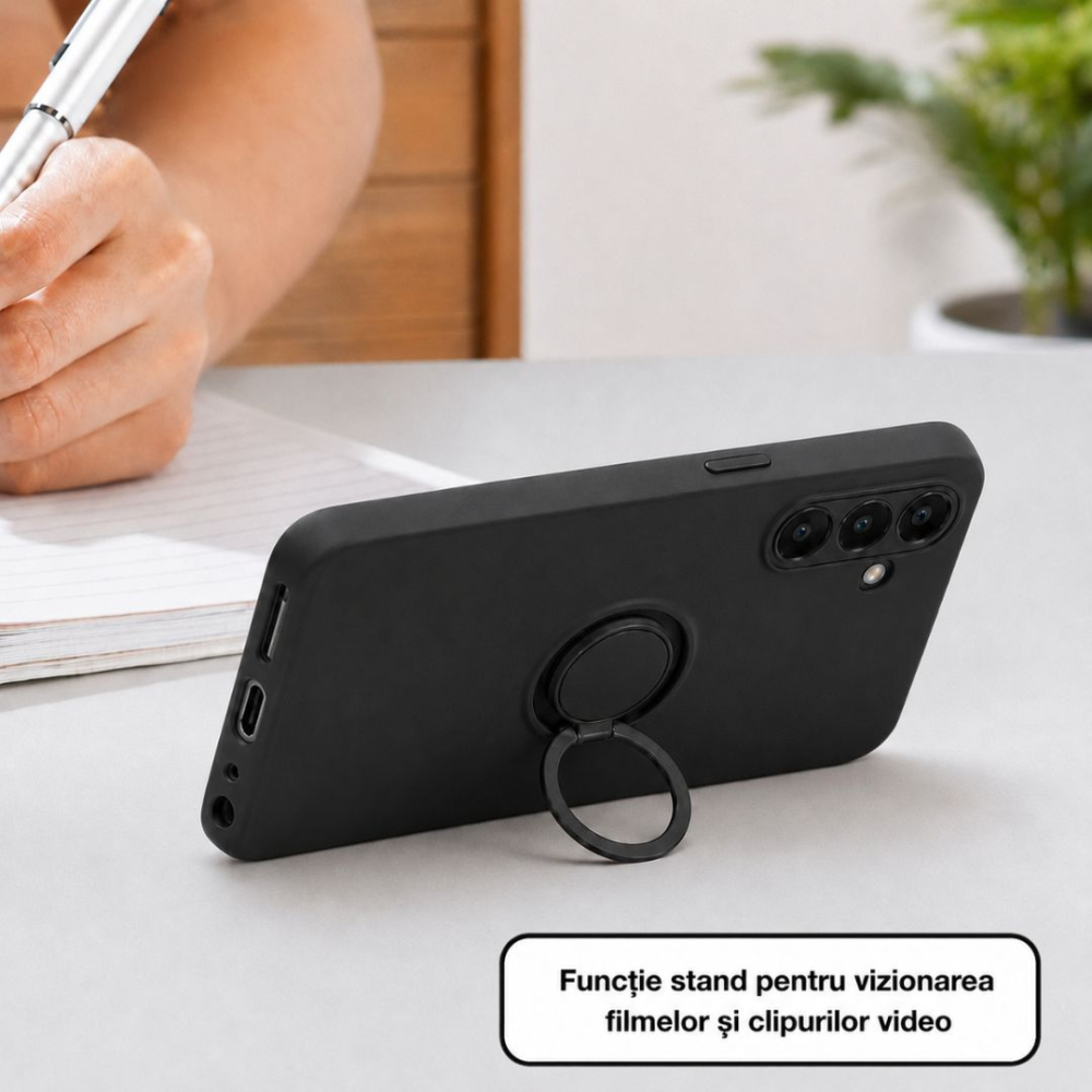 Husa pentru Samsung Galaxy A15 din silicon, cu inel de prindere, protectie la camere si interior cu microfibra - Negru [2]