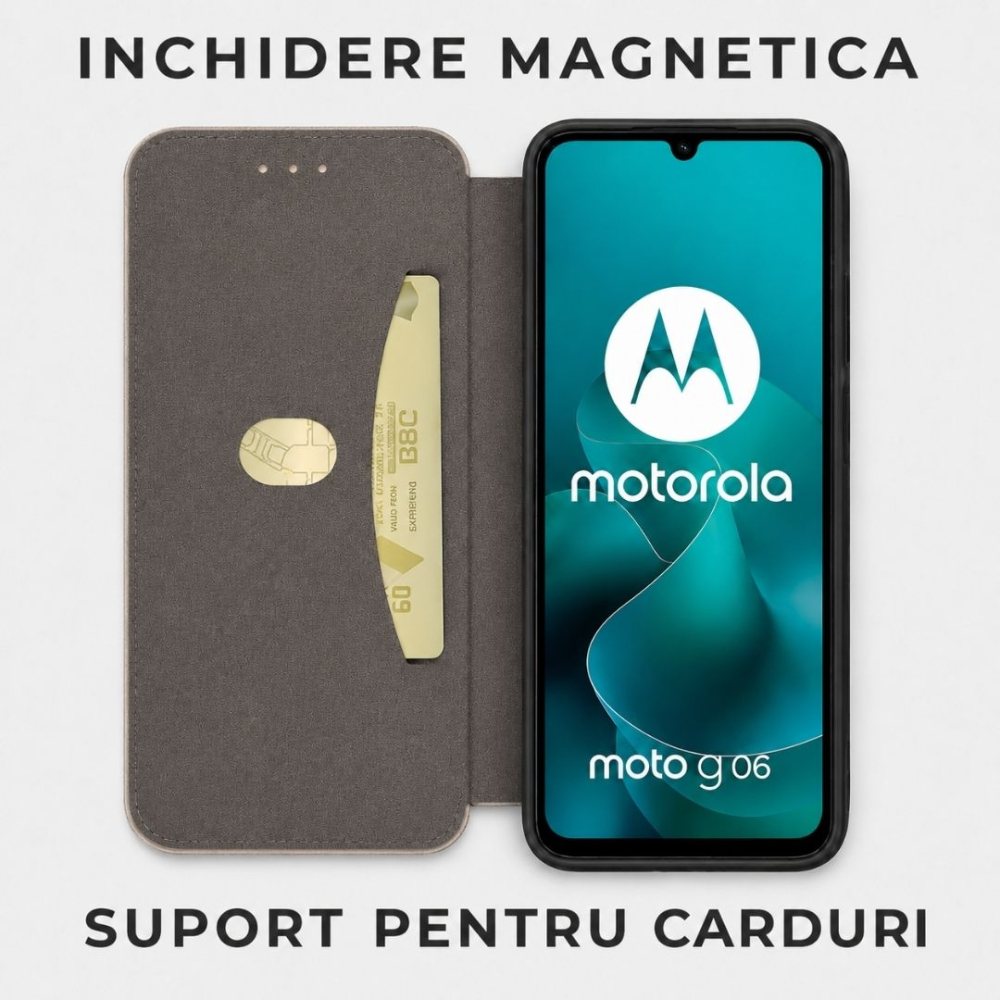 Husa tip carte pentru Motorola Moto G06 cu inchidere magnetica, Rezistenta la socuri, Functie de suport, Protectie completa (fata+spate) - Negru [2]