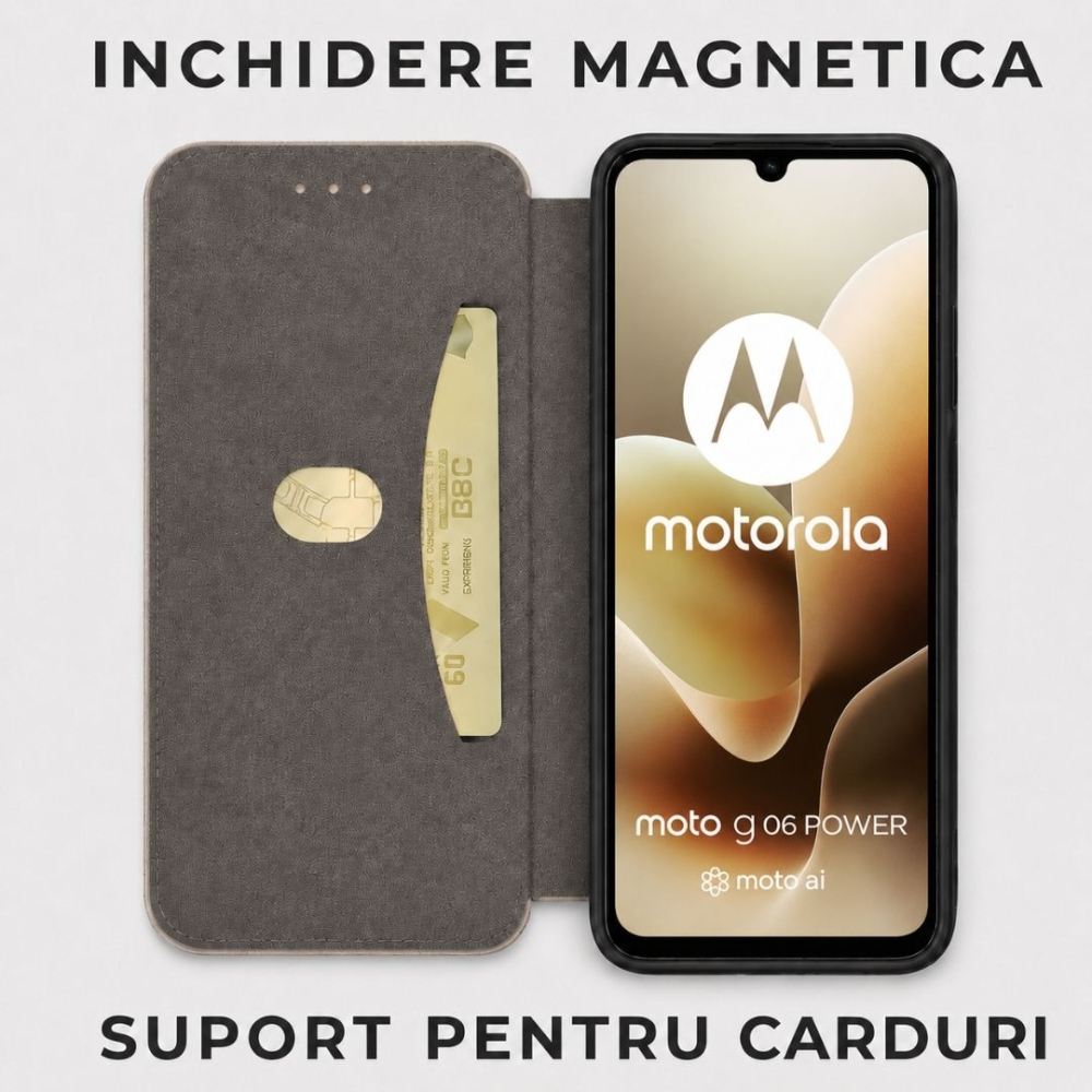 Husa tip carte pentru Motorola Moto G06 Power cu inchidere magnetica, Rezistenta la socuri, Functie de suport, Protectie completa (fata+spate) - Negru [2]