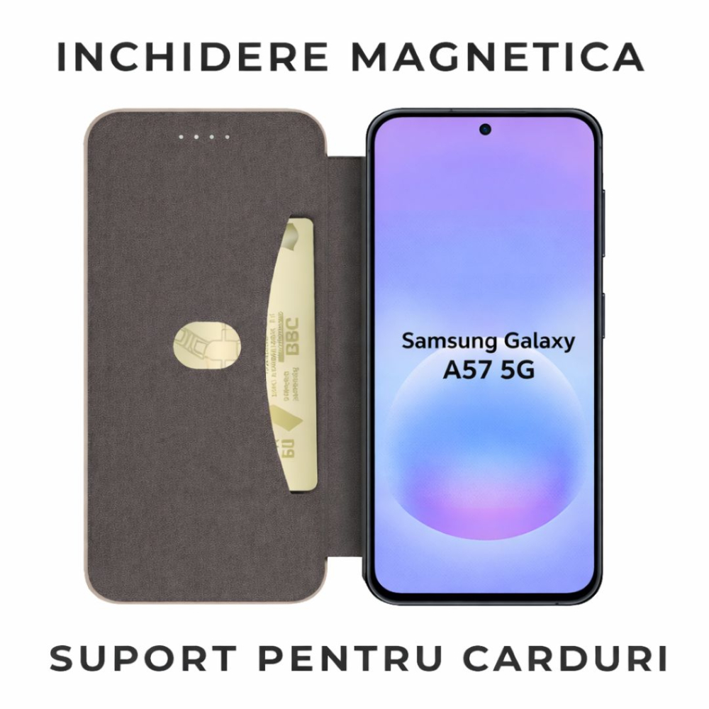 Husa tip carte pentru Samsung Galaxy A57 5G cu inchidere magnetica, Rezistenta la socuri, Functie de suport, Protectie completa (fata+spate) - Negru [5]