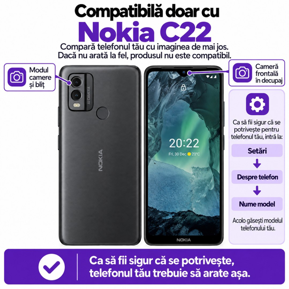 Set 2 Folii de Sticla Transparente pentru Nokia C22 - Full Glue - Kit Montare Inclus [2]