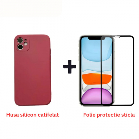 Pachete Promotionale - Pachet protectie completa pentru Iphone 11 - Husa silicon + Folie protectie sticla - Visiniu