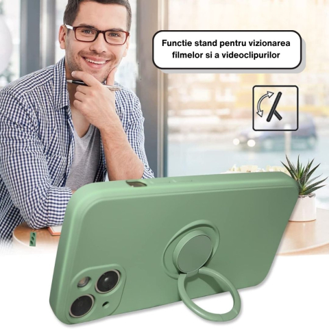 Husa pentru Iphone 13 din silicon, cu inel de prindere, protectie la camere si interior cu microfibra - Verde [3]