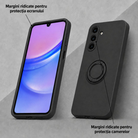 Husa pentru Samsung Galaxy A15 din silicon, cu inel de prindere, protectie la camere si interior cu microfibra - Negru [2]
