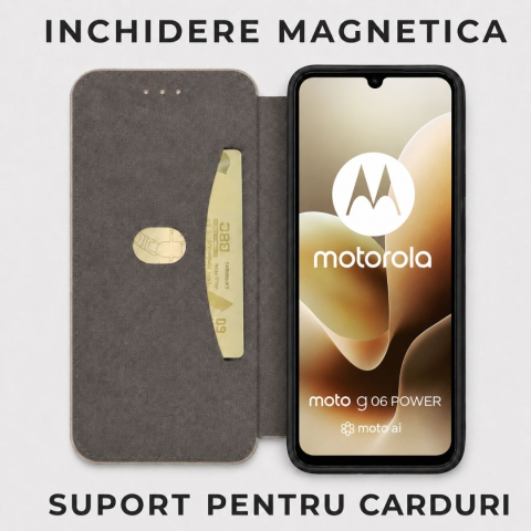Husa tip carte pentru Motorola Moto G06 Power cu inchidere magnetica, Rezistenta la socuri, Functie de suport, Protectie completa (fata+spate) - Negru [1]