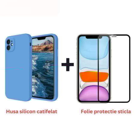 Pachete Promotionale - Pachet protectie completa pentru Iphone 11 - Husa silicon + Folie protectie sticla - Albastru
