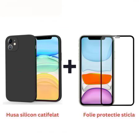 Pachete Promotionale - Pachet protectie completa pentru Iphone 11 - Husa silicon + Folie protectie sticla - Negru