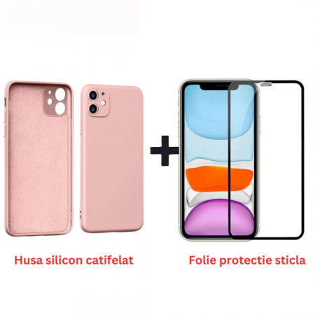 Pachete Promotionale - Pachet protectie completa pentru Iphone 11 - Husa silicon + Folie protectie sticla - Roz