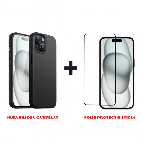 Pachete Promotionale - Pachet protectie completa pentru Iphone 15 - Husa silicon + Folie protectie sticla - Negru