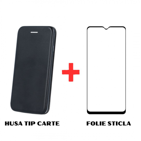 Huse Motorola - Pachet protectie completa pentru Motorola Moto E13 - Husa Tip Carte + Folie protectie sticla - Negru