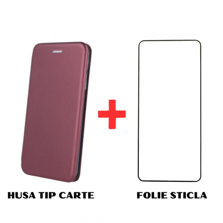 Pachete Promotionale - Pachet protectie completa pentru Motorola Moto E20 - Husa Tip Carte + Folie protectie sticla - Visiniu