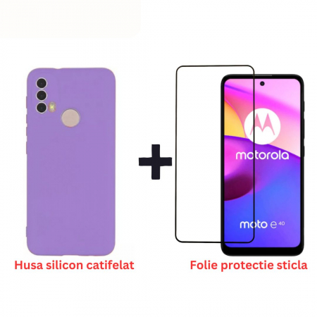 Pachete Promotionale - Pachet protectie completa pentru Motorola Moto E40 - Husa silicon + Folie protectie sticla - Mov