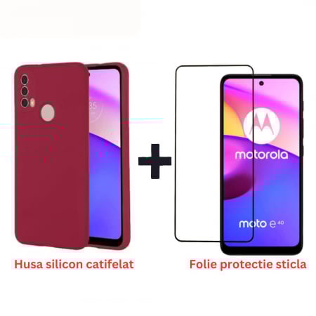 Pachete Promotionale - Pachet protectie completa pentru Motorola Moto E20 - Husa silicon + Folie protectie sticla - Visiniu