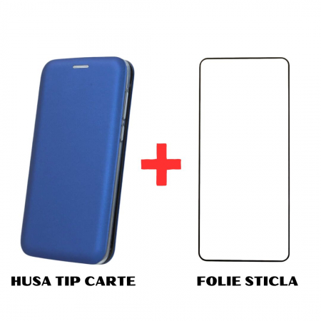 Pachete Promotionale - Pachet protectie completa pentru Motorola Moto E40 - Husa Tip Carte + Folie protectie sticla - Albastru
