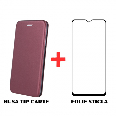 Pachete Promotionale - Pachet protectie completa pentru Samsung Galaxy A14 / A14 5G - Husa Tip Carte + Folie protectie sticla - Visiniu