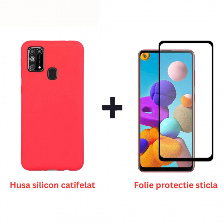 Pachete Promotionale - Pachet protectie completa pentru Samsung Galaxy A21S - Husa silicon + Folie protectie sticla - Rosu