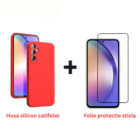 Pachete Promotionale - Pachet protectie completa pentru Samsung Galaxy A54 5G - Husa silicon + Folie protectie sticla - Rosu