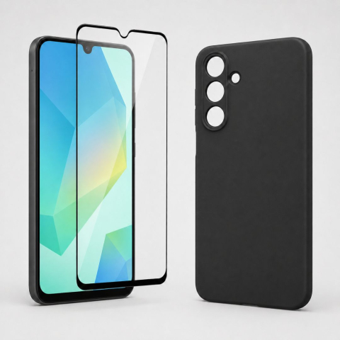 Pachete Husă + Folie - Pachet protecție completă pentru Samsung Galaxy A16, Husă silicon + Folie de sticlă securizată - Negru