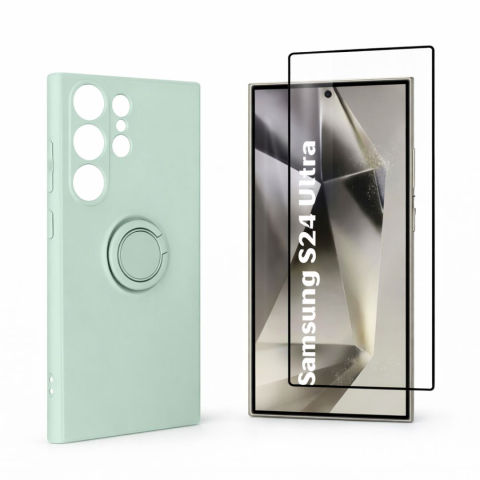 Pachete Promotionale - Pachet protecție completă pentru Samsung Galaxy S24 Ultra, Husă silicon cu inel + Folie de sticlă securizată cu adeziv pe toată suprafața - Verde