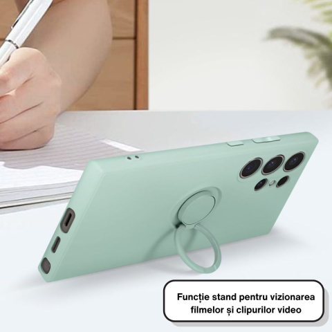Pachet protecție completă pentru Samsung Galaxy S24 Ultra, Husă silicon cu inel + Folie de sticlă securizată cu adeziv pe toată suprafața - Verde [1]