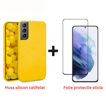 Pachete Promotionale - Pachet protectie completa pentru Samsung Galaxy S21 - Husa silicon + Folie protectie sticla - Galben