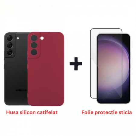 Pachete Promotionale - Pachet protectie completa pentru Samsung Galaxu S22 - Husa silicon + Folie protectie sticla - Visiniu