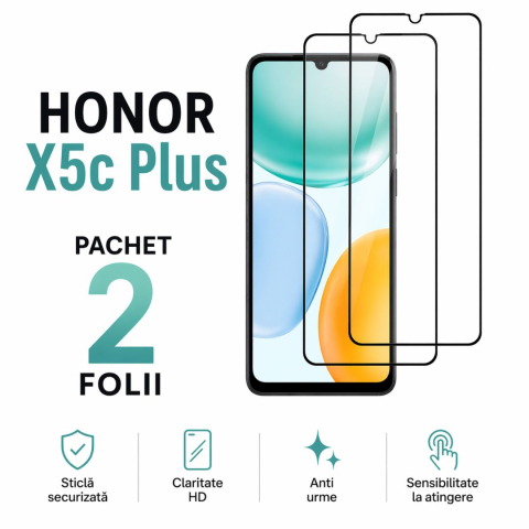 Pachete 2 Folii de Sticlă - Set 2 Folii de Protectie din Sticla securizata pentru Honor X5c Plus cu kit de montare inclus - Claritate Ultra HD, Adeziv pe toata suprafata, Protectie Anti-Zgarieturi si Socuri