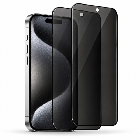Produse - Set 2 Folii de Sticla Securizata Privacy pentru iPhone 15 Pro cu Kit Montare Inclus - Adeziv pe toata suprafata - ZetGSM