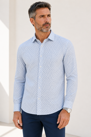 Slim Fit - Camasa bleu imprimata, slim fit, pentru barbati, 100% bumbac, maneca lunga, model 1429/12 FS82 Eterna