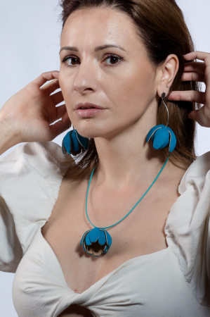 HAIART Studio - Set floral Colier si Cercei reglabil - Turcoaz + Bej