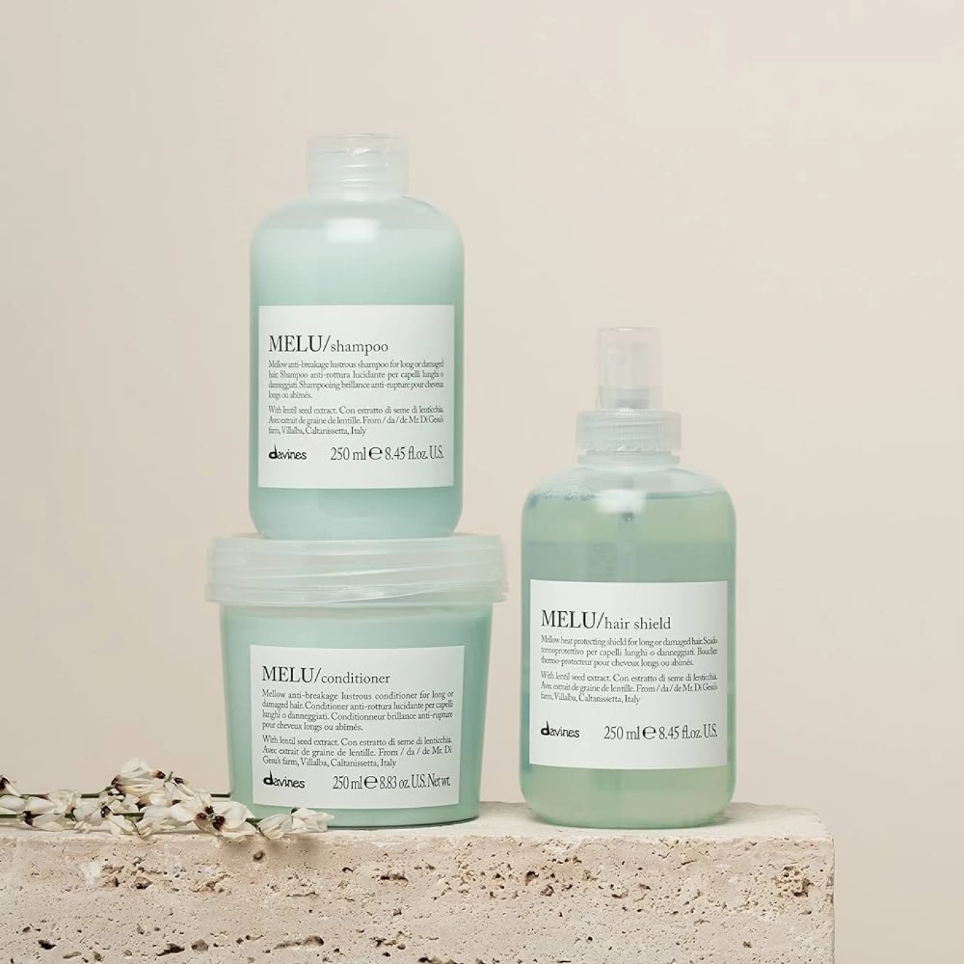 Pachet pentru par degradat cu tendință de rupere  - Davines Melu Shampoo 1000 ml - Conditioner 250 ml - Hair Shield ( Protecție termica ) - 250 ml [6]