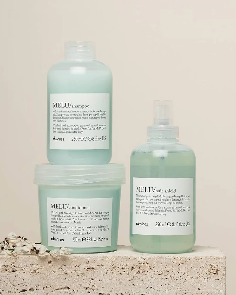 Pachet pentru parul sensibilizat anti-rupere - Davines Melu - Sampon 250 ml - Balsam 250 ml - Protectie termica Spray 250 ml [2]
