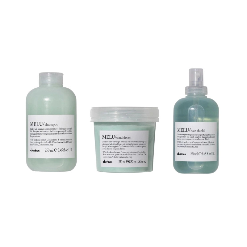 Pachet pentru parul sensibilizat anti-rupere - Davines Melu - Sampon 250 ml - Balsam 250 ml - Protectie termica Spray 250 ml [1]