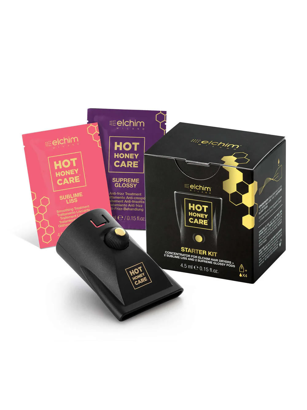 Tratamente - Starter Kit Elchim Hot Honey Care - kit tratament - Concentrator pentru uscator de par Elchim + 2 sublime liss si 2 supreme glossy pods